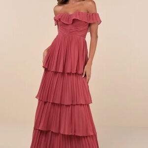 Always Remarkable Rusty Rose Pleated Off the Shoulder Maxi Dress